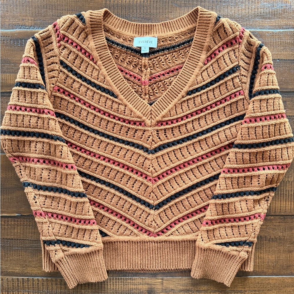 Evereve Brown V‑Neck Openwork Sweater with Black & Maroon Stripe Detail